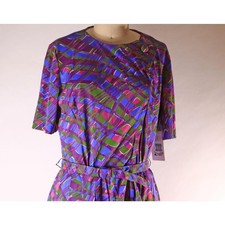 1960s Purple Pink Green Plaid Short Sleeve Belted Dress by Casualmaker -L