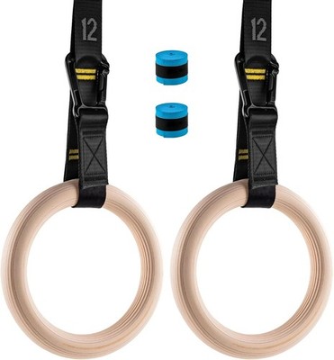 Wooden Gym Rings with 9ft Double-Layer Numbered Straps Quick Adjust. 1.25� Olymp