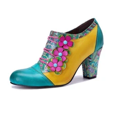 Womens Mary Jane Bohemia Flower Mid Heel Shoes Leather Colorblock Patchwork Lady