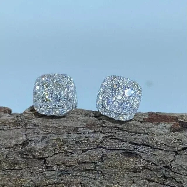 2 Ct Round Cut Created Diamond Men's Cluster Stud Earrings 14K White Gold Plated - Image 2 of 4