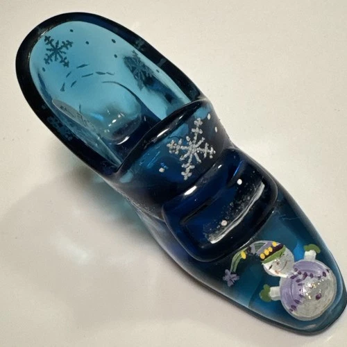 RARE FENTON COLBALT BLUE CHRISTMAS SNOWMAN SHOE  HANDPAINTED MARKED AND SIGNED