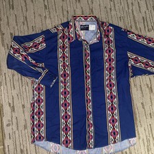 Vintage Wrangler Sz 2X Mens Blue Aztec Western Pearl Snap Long Sleeve 90s