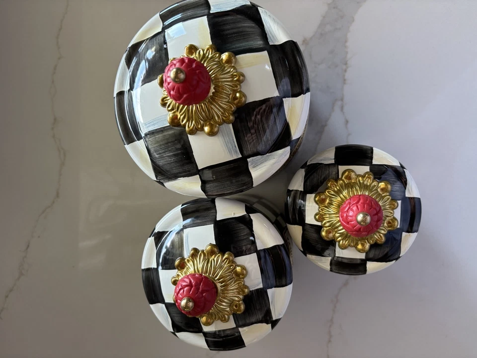 MacKenzie Childs COURTLY CHECK S/3 Enamel Canisters, Mini, Demi & Small NEW - Image 3 of 4