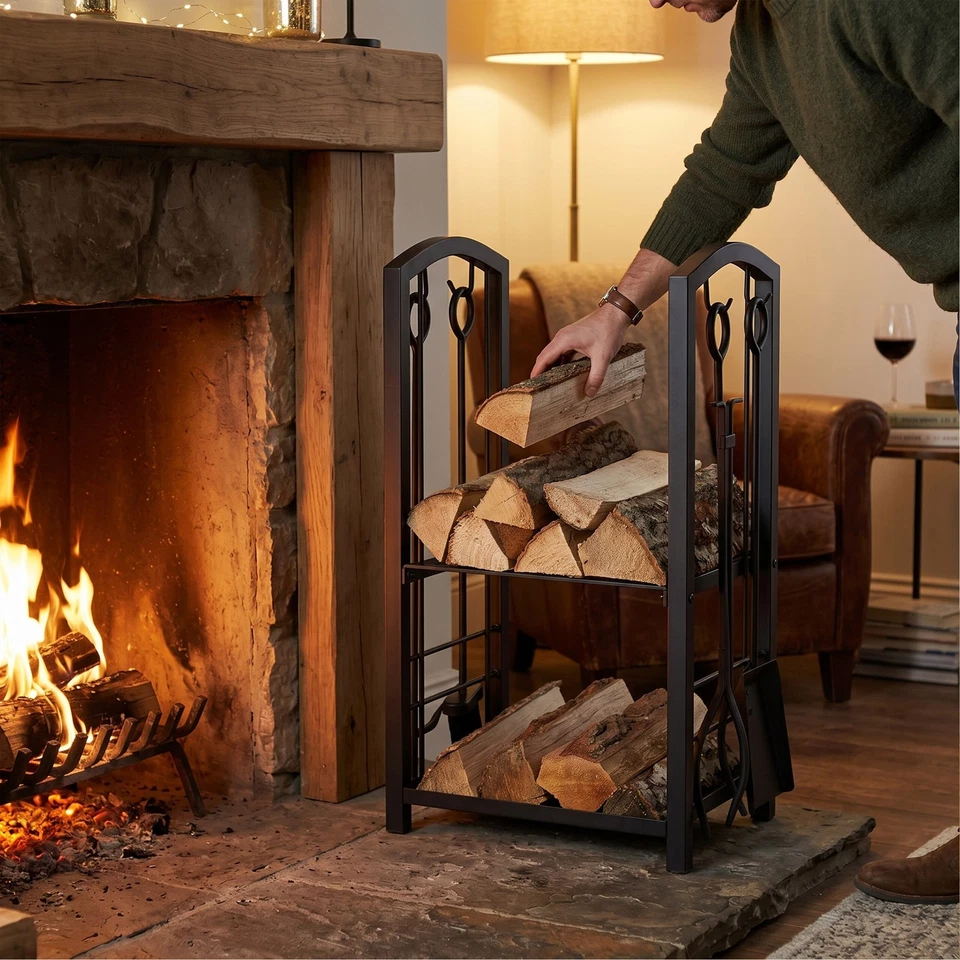 Etagère cheminée avec serviteur support à bûches noir 2 étagères acier 2 étages - Photo 3/4
