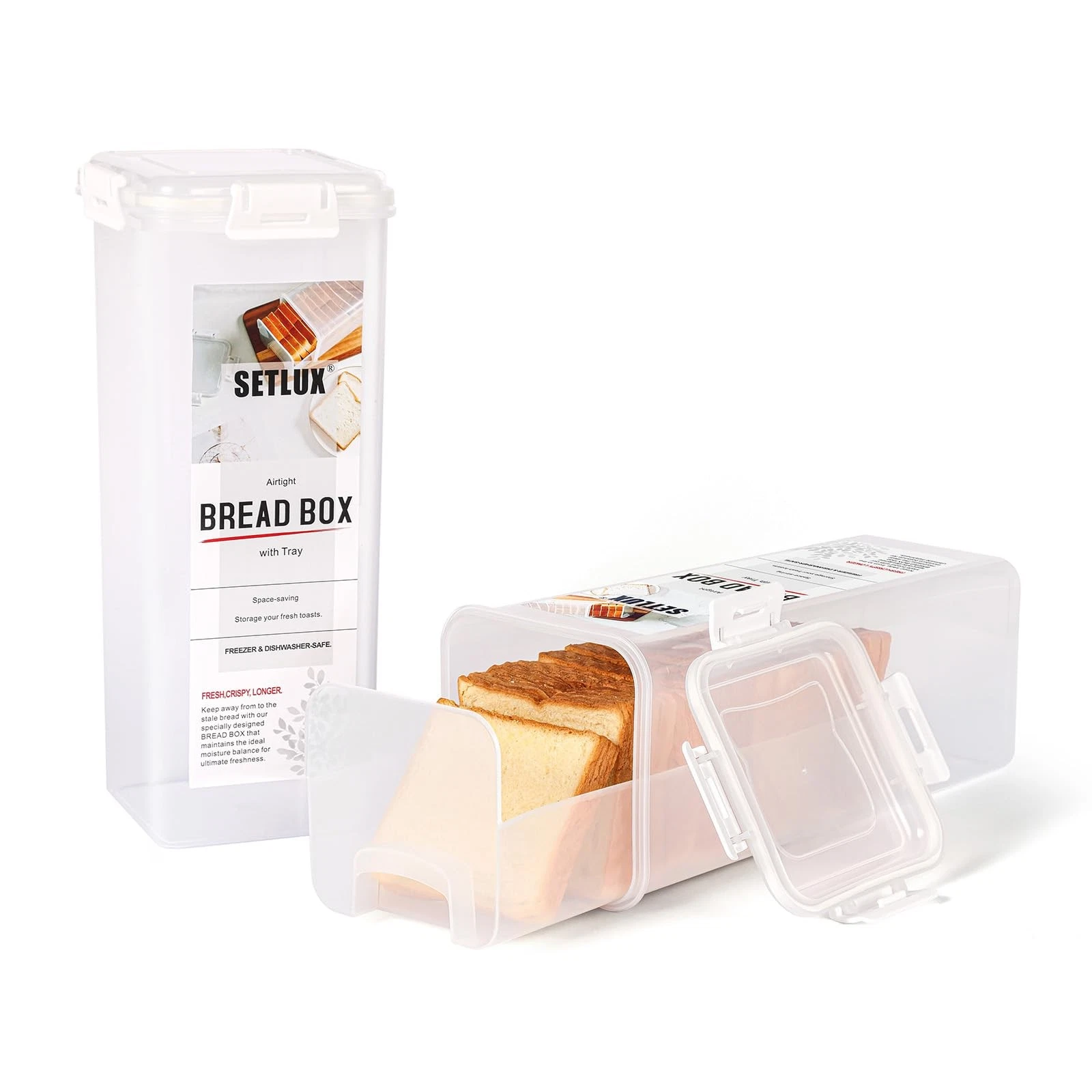 SETLUX 2 Pack Bread Storage Container with Tray, Plastic Bread Box with Airti...