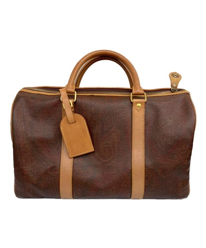 ETRO Paisley Boston Bag Brown Leather Travel Satchel Zip Pocket Women 42 chars