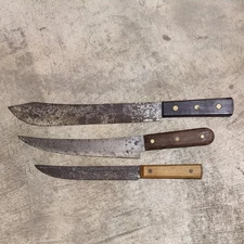 Lot of 3 Vintage Carbon Steel Kitchen/Butcher Knives, 8", 10", 12"