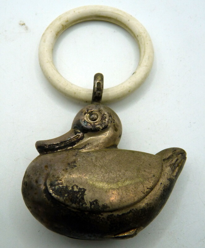 Vintage Baby Doll Rattle Duck Metal Celluloid German For Antique Doll