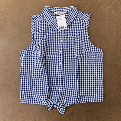 H&M Girls Button-Up Shirt Blue White Gingham Tie Knot Collared Sleeveless 18 New