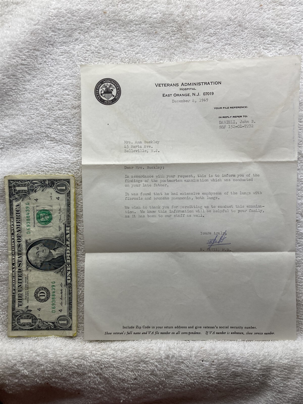 1969 United States Veterans Administration Hospital Autopsy Letter ...