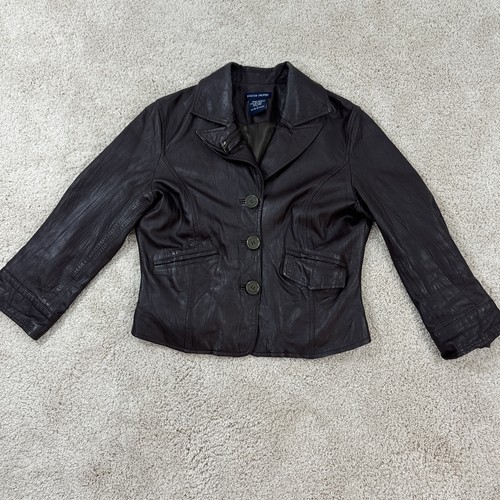 Womens Boston Proper Leather Jacket Coat 4 Brown Button Front Lined - Picture 6 of 13