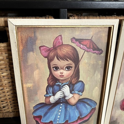 Set Of 2 VTG Kitsch Big Eyed Girl Lithograph Prints By S. Ishii 1960’s 19”x10” - Picture 4 of 12