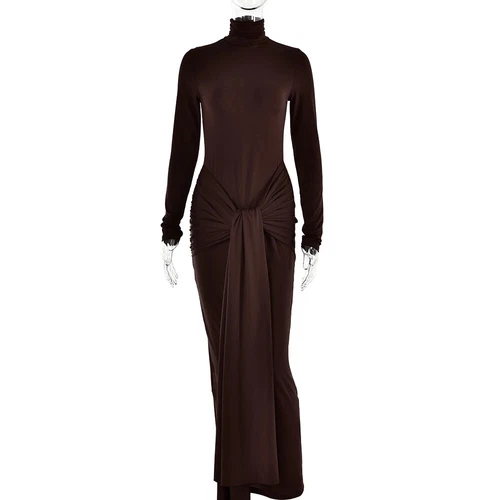 Long Sleeves Knot Sarong Maxi Slinky Jersey Dress - Picture 8 of 27