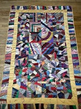 VTG 1963 Patchwork Blanket Crazy Quilt Boho Hippie 88"x57" Embroidered Flaws
