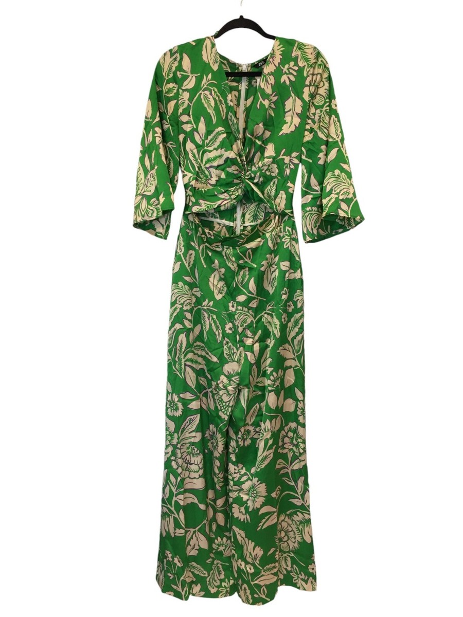 Zara Womens Jumpsuit M Green White Floral Print Tie Knot Cut