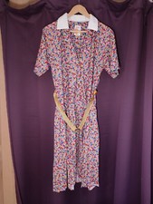 St Michael Vintage Pink Floral Drop Waist Belted Pleated Shirt Tea Dress • 10