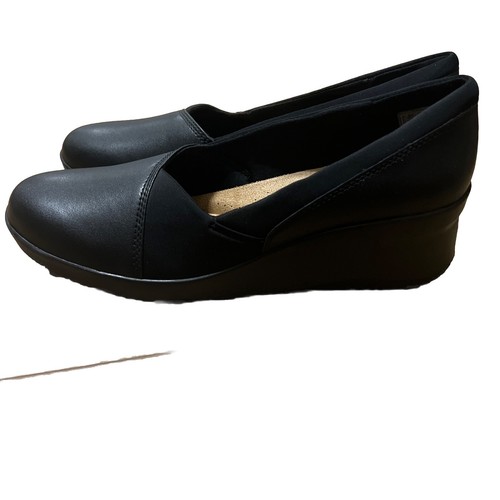 Clarks Collection Loafers Women 10 Black Leather Wedge Comfort Shoes Suttyn Walk - Picture 2 of 10