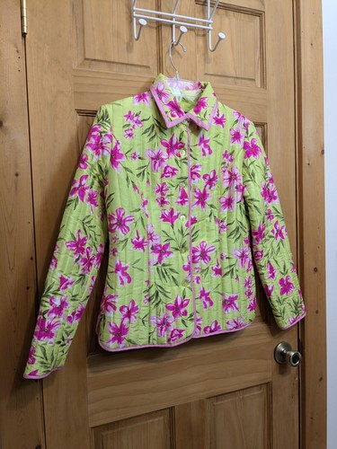 Silkland Women's Med Medium Silk Floral Neon Pink Green Quilted Jacket Coat VTG - Picture 2 of 15