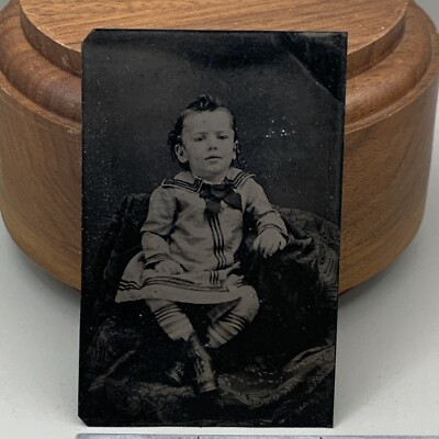 Antique Tin Type Photo Of A Young Child Cute Outfit And Curls!