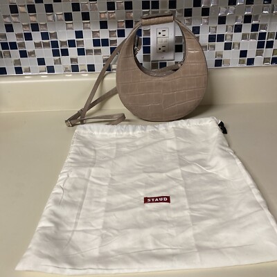 New STAUD Mini Moon HTF Croc Embossed Gray Taupe With Shoulder Strap