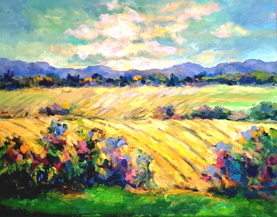 Landscape Oil Painting Provence Fields Crops Lavender Original by Donalee
