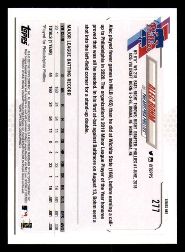 2021 Topps Blue Star 299 Made #277 Alec Bohm RC Philadelphia Phillies - Picture 2 of 3