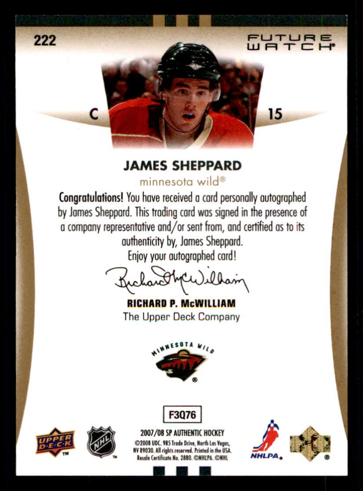 2007-08 SP Authentic #222 James Sheppard AU RC /999 (ref 240009) - Image 2 of 2