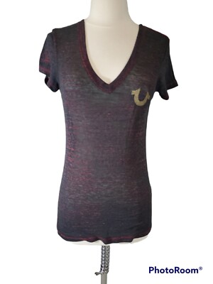 True Religion Womans Small Burn Out T Shirt Top Logo Short Sleeve Semi Sheer 