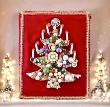 Vintage Jewelry￼ Art Christmas Tree Assemblage￼ Collage Hand Crafted 8 X 10
