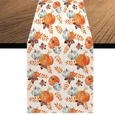 Fall Pumpkin Maple Leaves Table Runner, Autumn Thanksgiving Holiday Kitchen D...