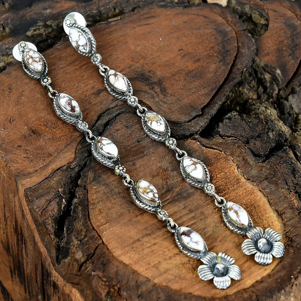 Wild Horse Turquoise Gemstone Sterling Silver Handmade Stud Earrings 4.50" - Image 3 of 4