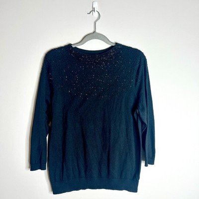 Talbots Black Sequined Lightweight Sweater Soft 3/4 Sleeves Holiday Festive XL