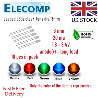 3 mm bleihaltige LEDs - weiß rot blau grün gelb klare Linse 10 Stück in Packung kostenloser Versand