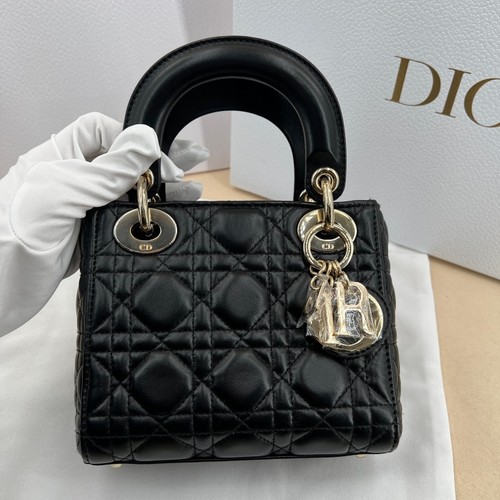Christian Dior Lady Dior Black Gold Lambskin Top Handle Crossbody