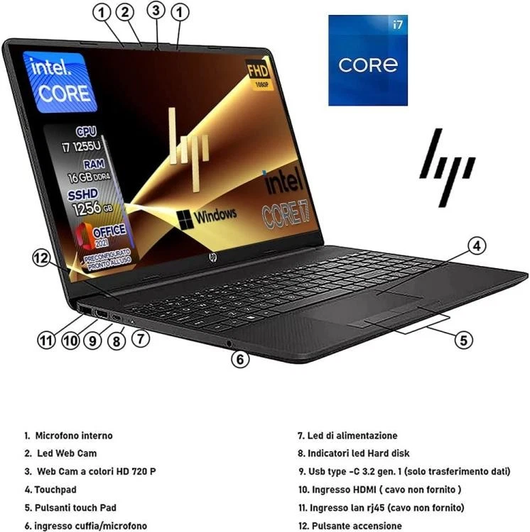Notebook HP 250 G9 Intel i7-1255U 12th 15.6" RAM 16Gb M.2 1256GB office windows - Immagine 3 di 4
