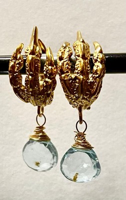 Sacrosanta Gold Plated Bronze And Blue Topaz Eagle Claw Clasp  Earrings