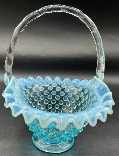 Hobnail Blue Opalescent 7" Basket By Fenton