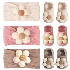 Baby Flower Headband and Socks, Cute Baby Girl Headbands and Soft Beige/6pcs