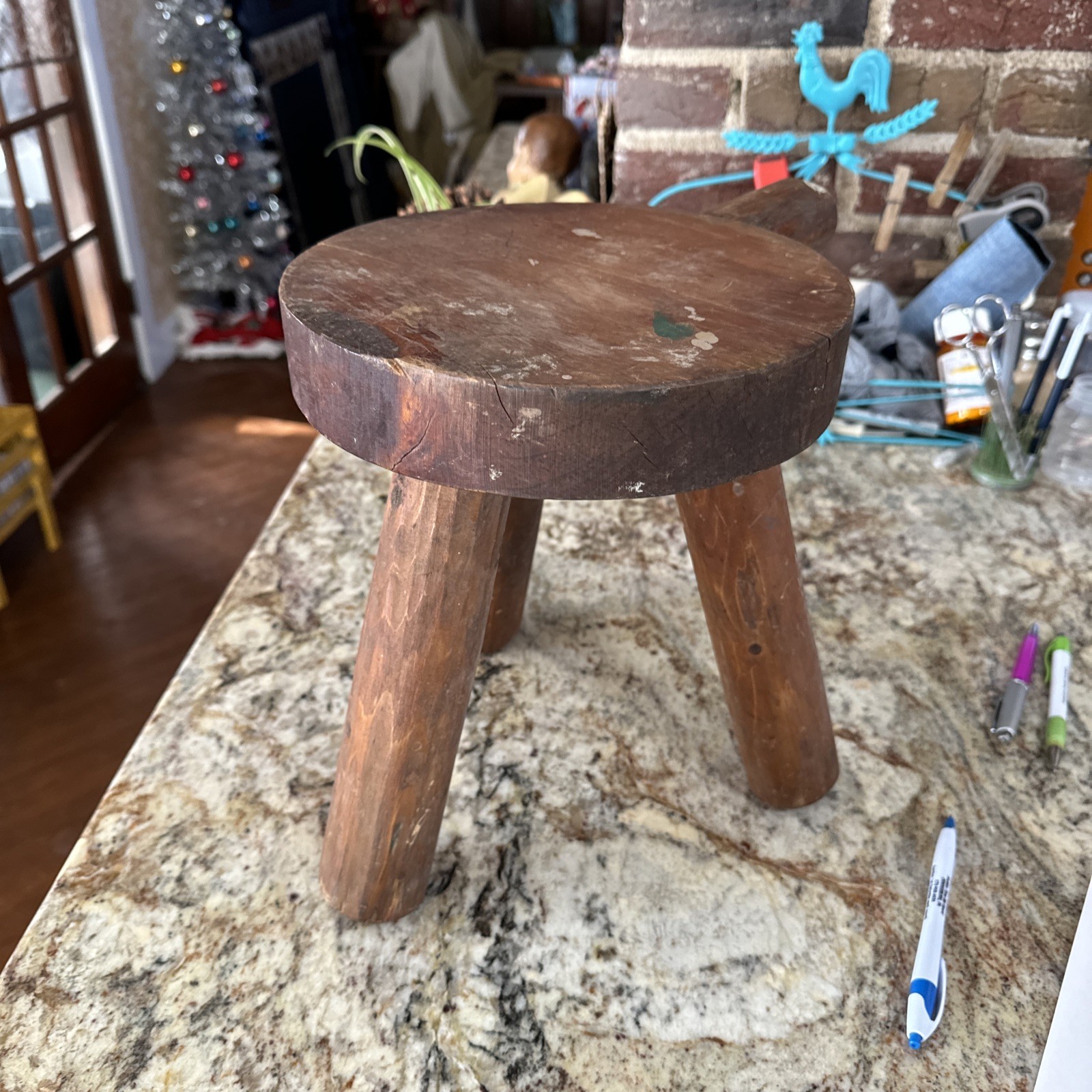 Vintage Wooden 3 Leg Milking Stool With Handle 10.5" Tall 15" Wide Walpole