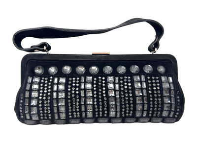 Marni Black Suede Crystal Embellished Evening Bag Italy Cocktail Clutch Handle