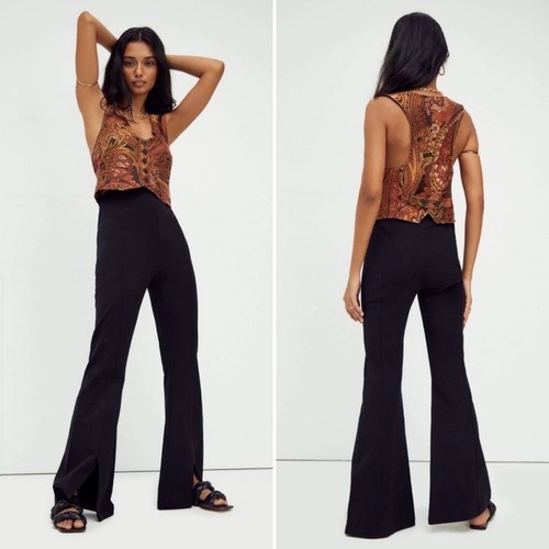 Free People CRVY Real Deal Slit Vegan Suede Flare Black Pants Size 33 - Picture 2 of 13