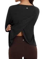 Women's Long Sleeve Workout Tops Athletic Shirts Split Back Running Gym Quick...