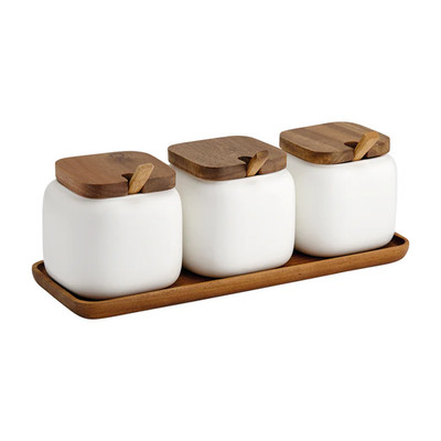 Ladelle Essentials Weiß Kanister & Löffel 3-teiliges Set - Porzellan & Akazienholz