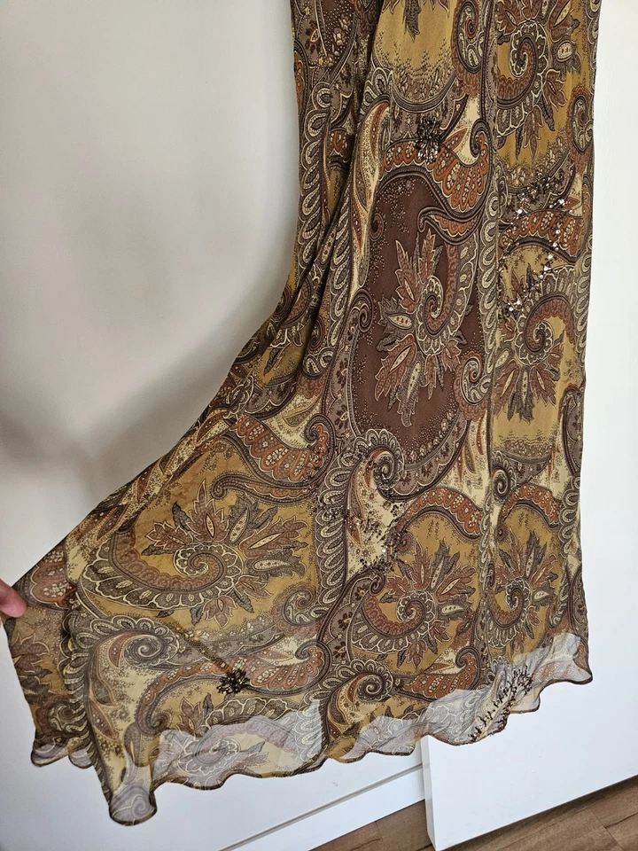 Vintage Silk Slip Dress Maxi Gown 10 12 Brown Paisley Y2K 90s Prom Bead Grunge - Image 3 of 4