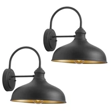 12in Farmhouse Barn Light Outdoor, 2 Pack Garage 12" Dome Black and Gold