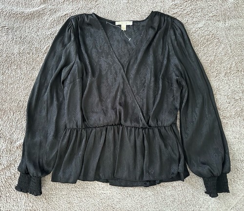 Camicetta donna Michael Kors stampa jacquard finto avvolgente peplo manica lunga top XL - Foto 4 di 11