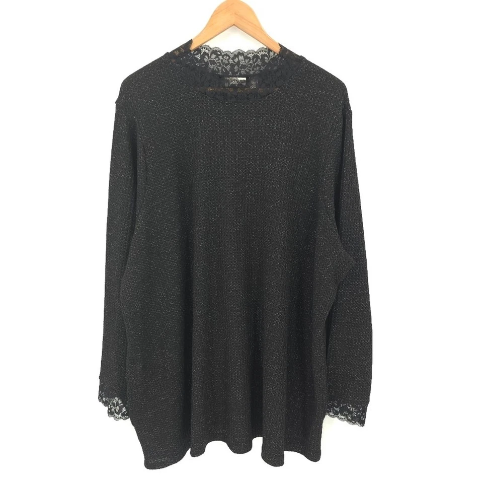 LOGO Lori Goldstein Lace Top Women 3X Black Metallic Knit Pockets Stretchy Tunic