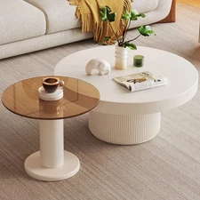 Round Coffee Table Set of 2,Cream White End Table for Living Room