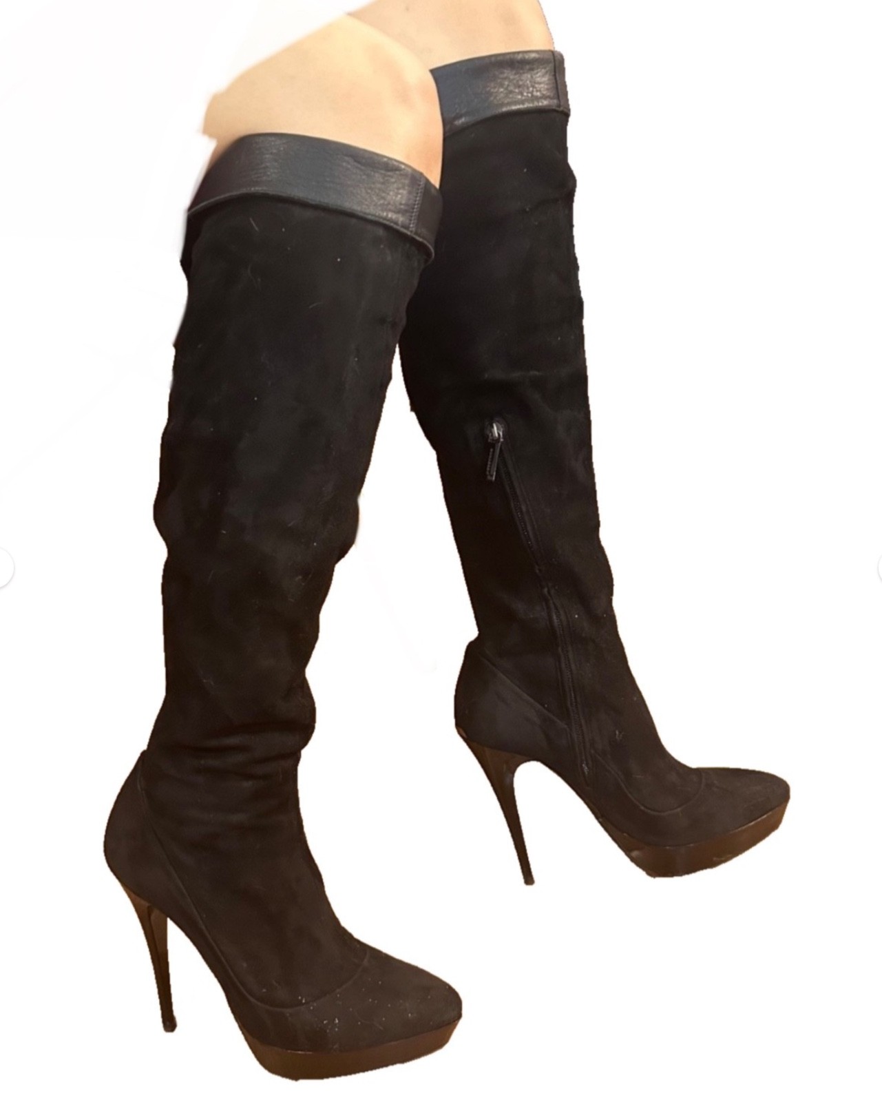 BURBERRY Suede Leather Knee Thigh High Heels Platform Black Boots 38