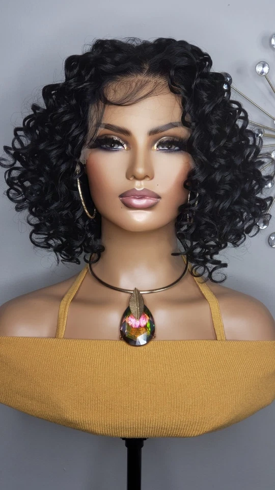 全新 短 13x6 免费零件 卷发 非洲发型 黑色 蕾丝正面 假发 女式  — 第 2/4 张图片